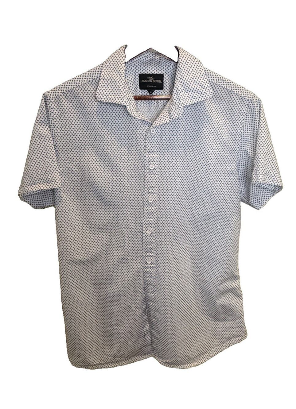 Rodd & Gunn Shirt Mens M Sports Fit Blue White Geometric Short Sleeve Cotton
